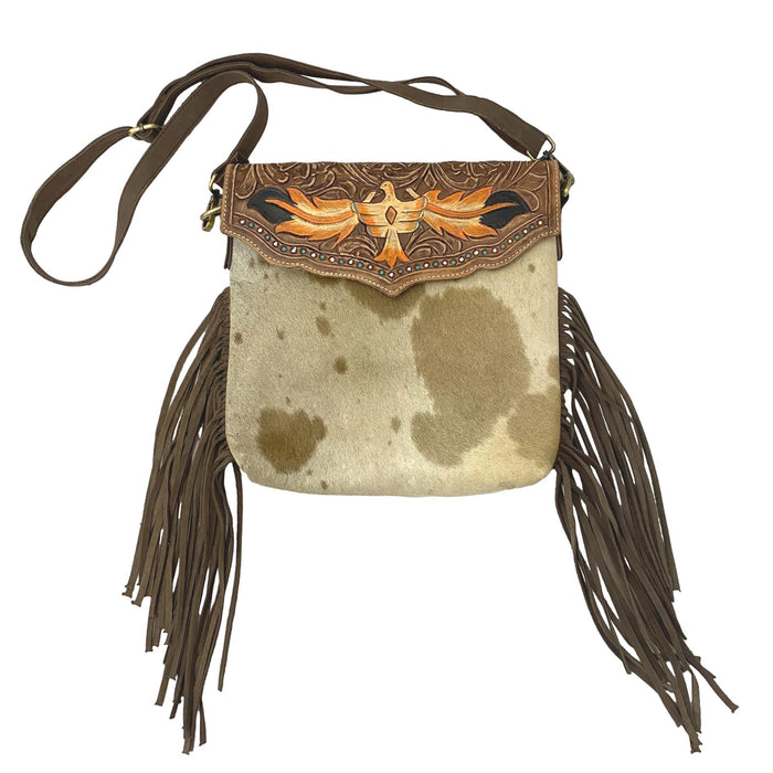 Phoenix Purse with Fringe Accent - Tooled Leather and Hair on Cowhide Bag