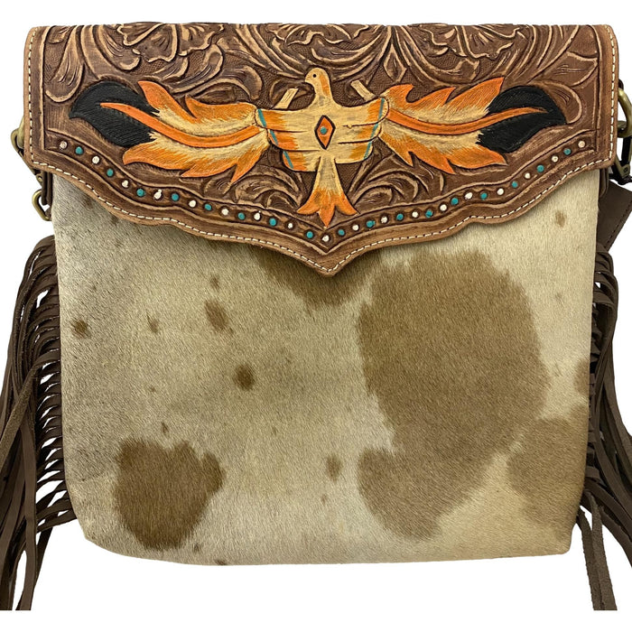 Phoenix Purse with Fringe Accent - Tooled Leather and Hair on Cowhide Bag