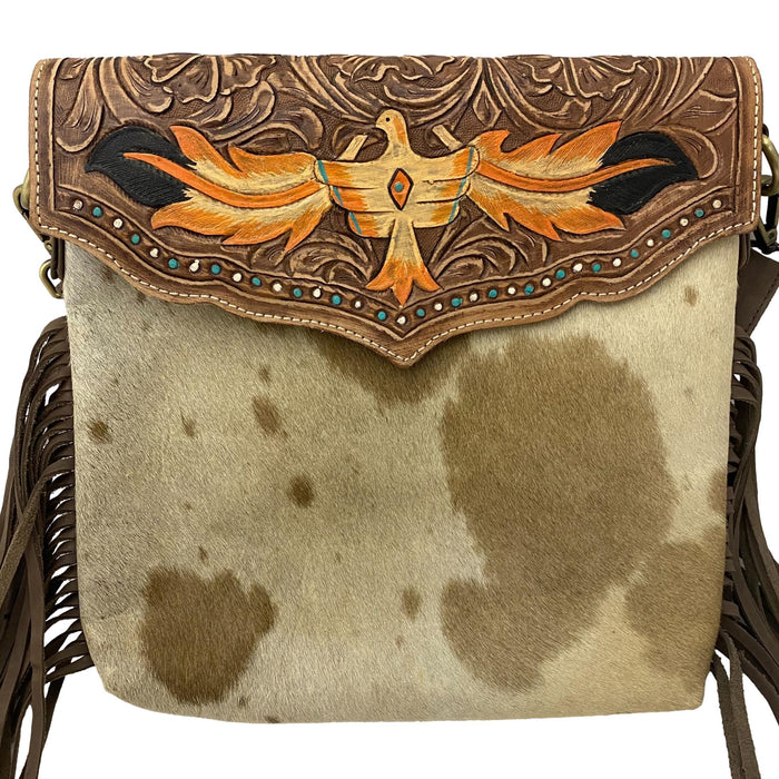 Phoenix Purse with Fringe Accent - Tooled Leather and Hair on Cowhide Bag