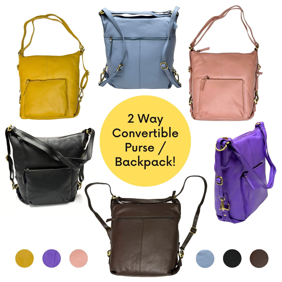 2 Way Convertible Leather Handbag & Backpack - Black, Brown, Yellow, P ...
