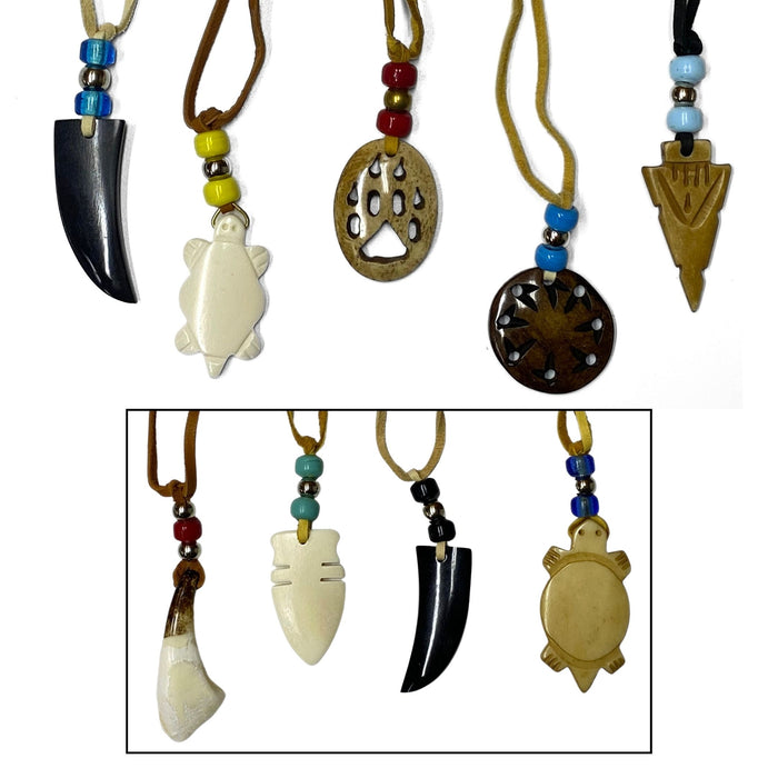 4 Pack of Authentic Hand Carved Bone & Horn Necklace Pendants with Deerskin Lace - Native American Jewelry