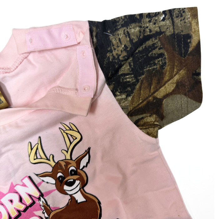 "Born to Hunt" Little Hunter Camo & Pink One Piece Short Sleeve Romper- 18 Months