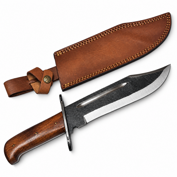 15" Forged Frontier Bowie Knife – 10" Carbon Steel Blade, Wood Handle & Leather Sheath