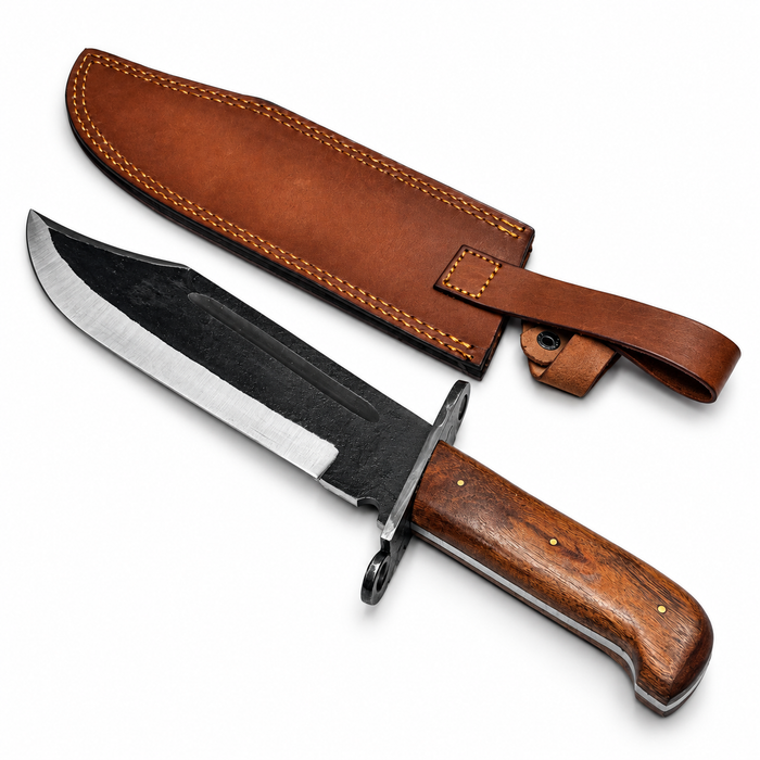 15" Forged Frontier Bowie Knife – 10" Carbon Steel Blade, Wood Handle & Leather Sheath