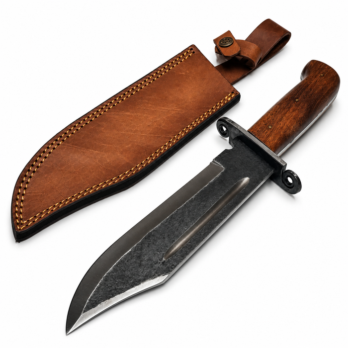 15" Forged Frontier Bowie Knife – 10" Carbon Steel Blade, Wood Handle & Leather Sheath
