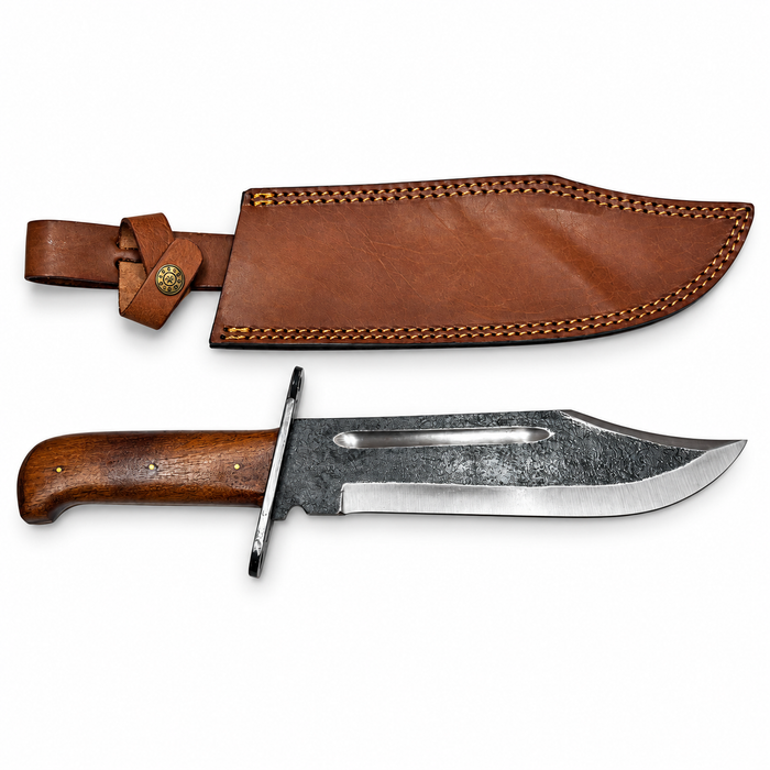 15" Forged Frontier Bowie Knife – 10" Carbon Steel Blade, Wood Handle & Leather Sheath