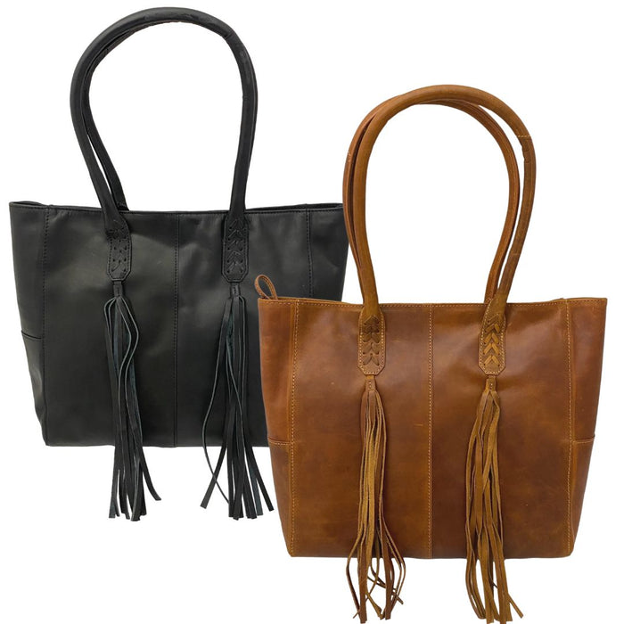 Leather Tote with Tassels - Black - Tan