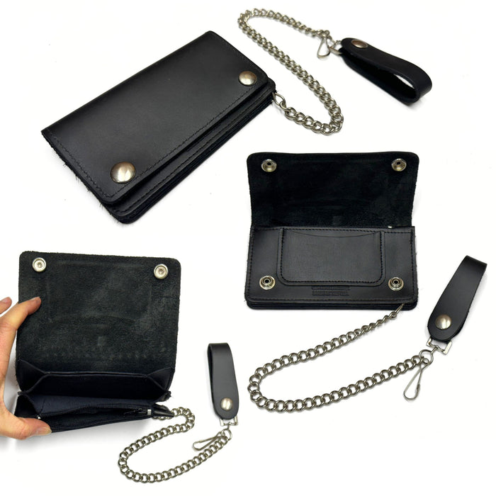 Black Leather Trucker Wallet With Chain - Biker Snap Wallet - Regular - Small - Mini