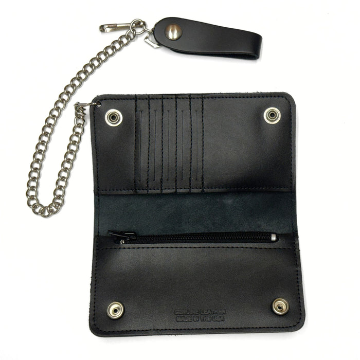 Heavy Duty Black Leather Trucker Wallet with Snaps, Zippers, Credit Card Holders and Chain