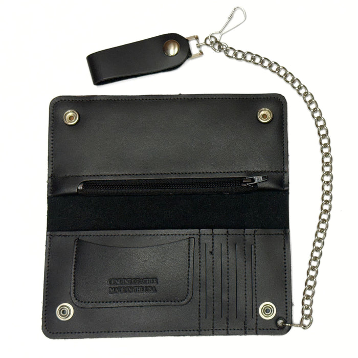 Heavy Duty Black Leather Trucker Wallet with Snaps, Zippers, Credit Card Holders and Chain