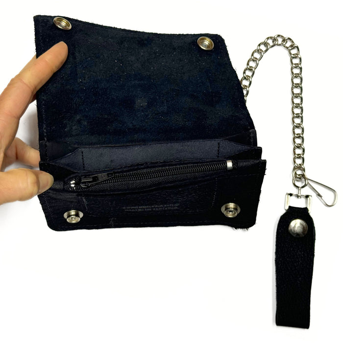 Soft Black Leather Trucker Wallet with Zipper and Snap Closure