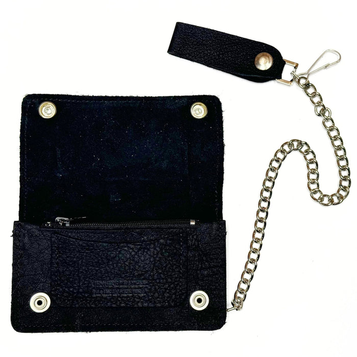 Soft Black Leather Trucker Wallet with Zipper and Snap Closure