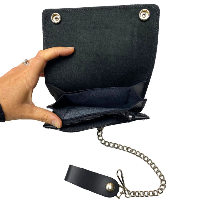 Braided Black Leather Trucker Wallet with Chain - Snap Biker Wallet