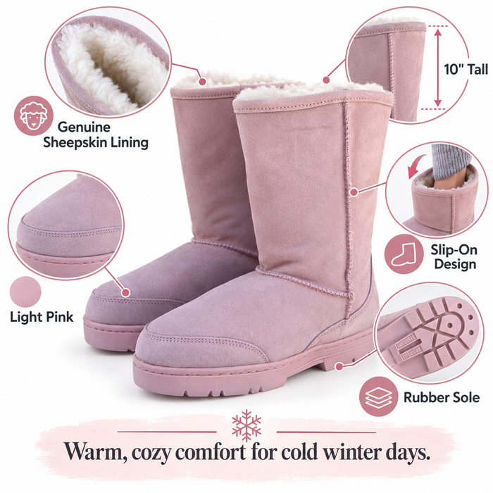 10" Light Pink Boots - Genuine Sheepskin Slip On Boots