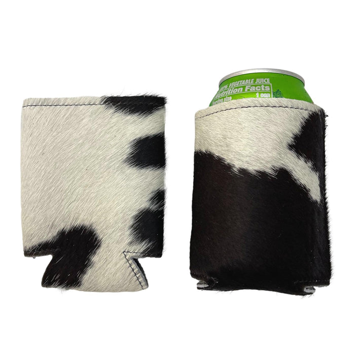 Hair-On Cowhide Can Koozies - Leather Beverage Holder - Black & White, Brown & White, Tricolor