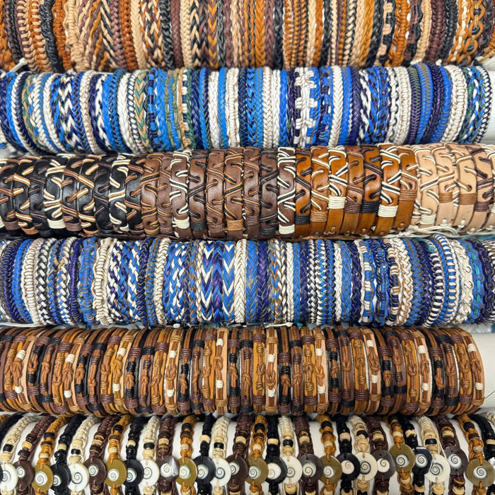 Handcrafted Leather Bracelets in Browns and Blues - 12 Pack