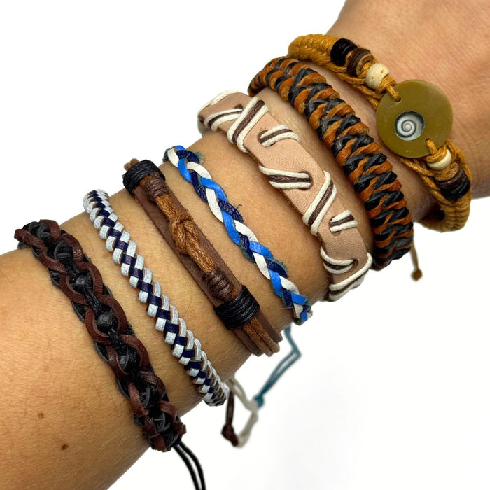 Handcrafted Leather Bracelets in Browns and Blues - 12 Pack
