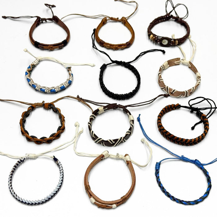 Handcrafted Leather Bracelets in Browns and Blues - 12 Pack