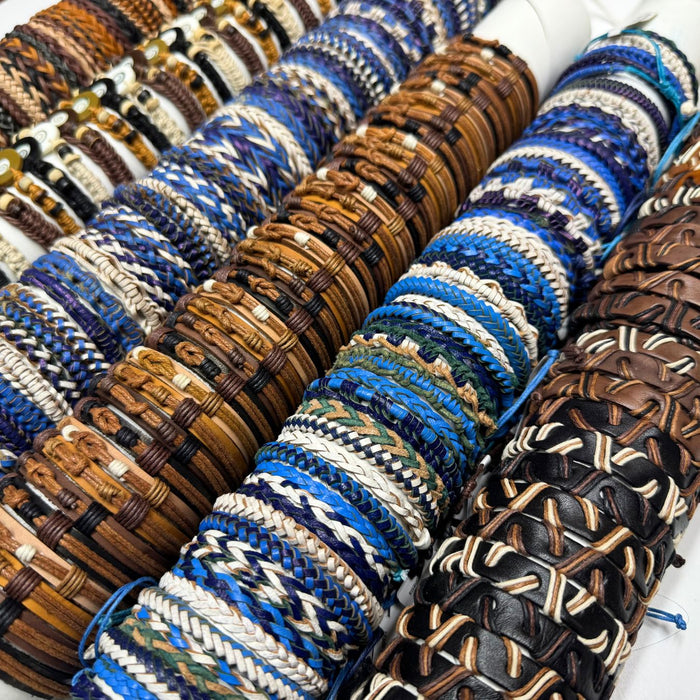 Handcrafted Leather Bracelets in Browns and Blues - 12 Pack