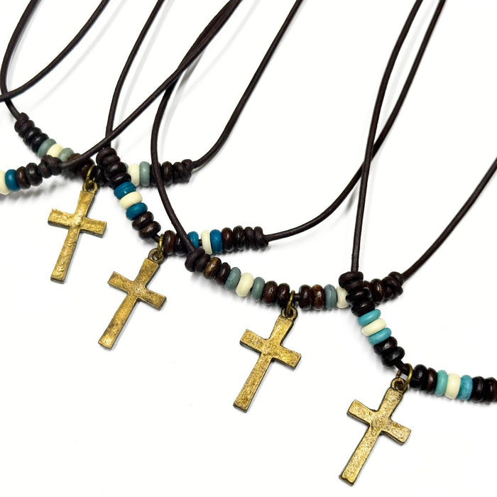 6 Pack Leather Necklaces with Bone Beads and Cross Pendant