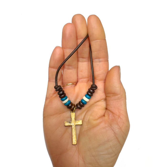6 Pack Leather Necklaces with Bone Beads and Cross Pendant