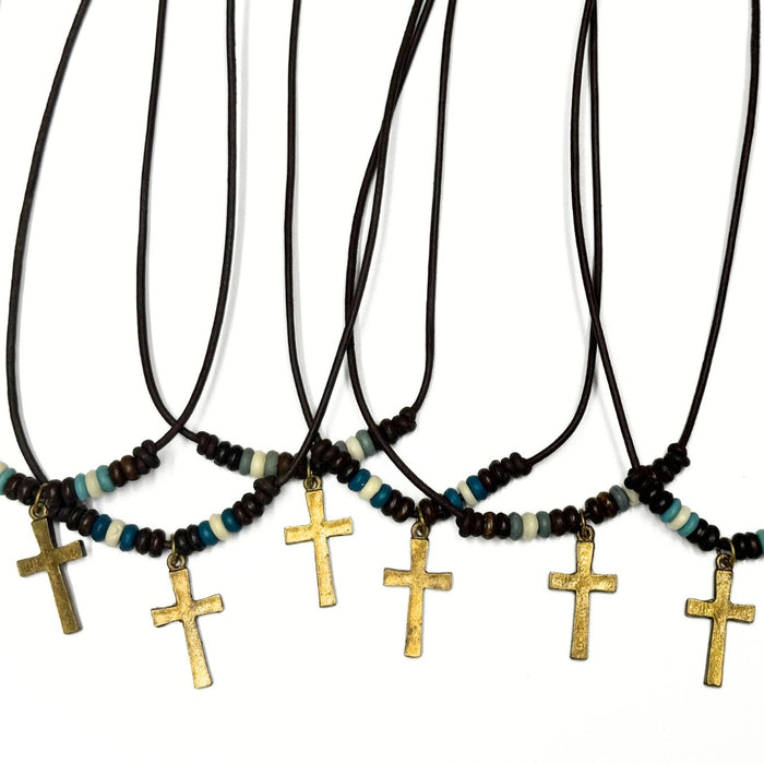 6 Pack Leather Necklaces with Bone Beads and Cross Pendant