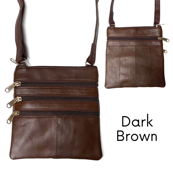 Leather Cross Body Bag Four Zipper Small Travel Purse - Black - Brown - Wine - Tan