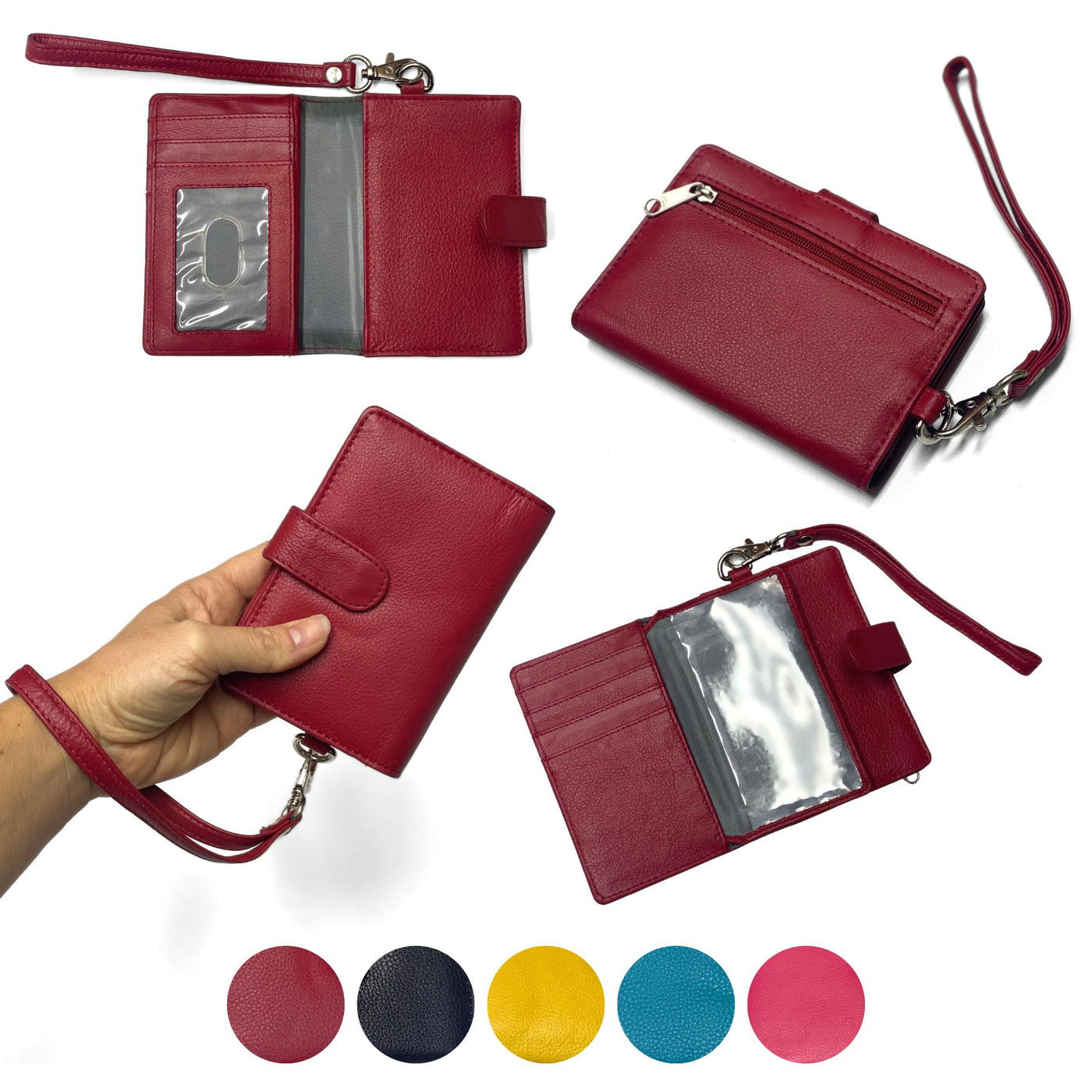 Fine Leather Clutch Wallet with Wrist Strap, Zipper Closures & Credit