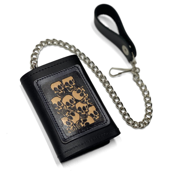 Embossed Black Leather Trifold Men's Wallet with Chain - Eagle - Deer - Skull