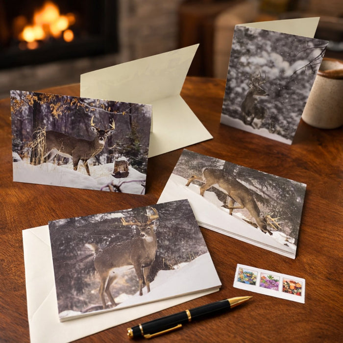 Deer Hunter Greeting Cards - Whitetail Deer Stationary Note Cards - 4 Winter Scenes
