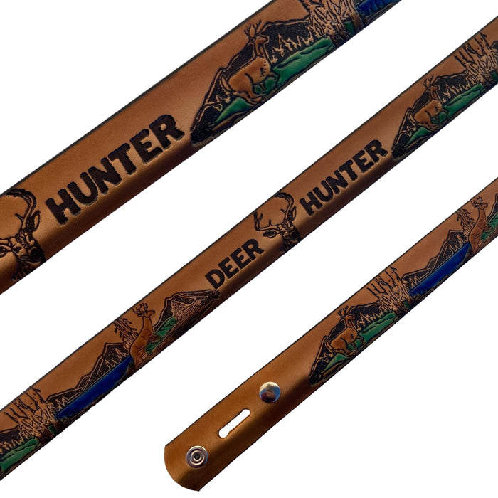 Deer Hunter Themed Deeply Embossed Dyed Leather Belt - 42" to 54"