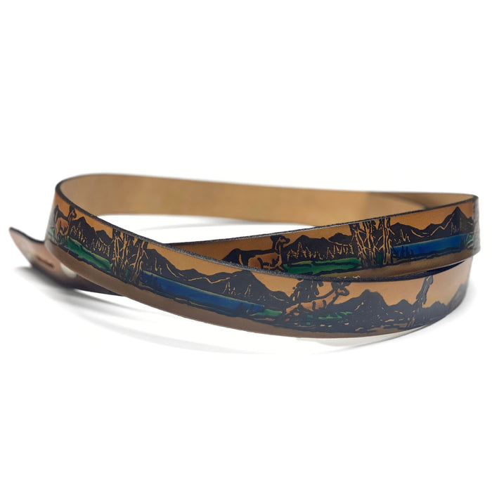 Deer Themed Deeply Embossed Dyed Leather Belt - 42" to 54"