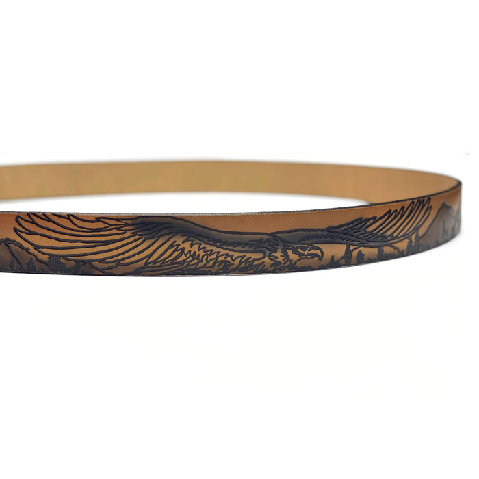 Flying American Bald Eagle Themed Deeply Embossed Dyed Leather Belt - 42" to 54"