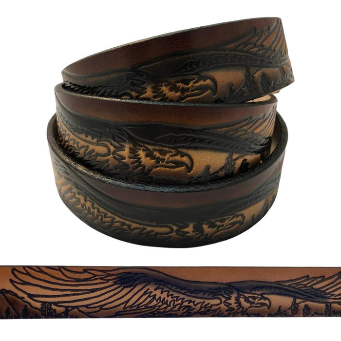Flying American Bald Eagle Themed Deeply Embossed Dyed Leather Belt - 42" to 54"