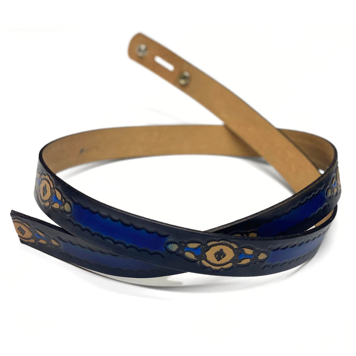 Blue & Black Southwest Design Deeply Embossed Dyed Leather Belt - 42" to 54"