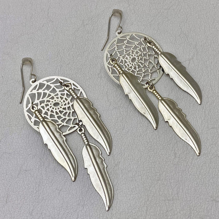 Medium Dream Catcher Feather Silver Dangle Earrings - Native Style Jewelry