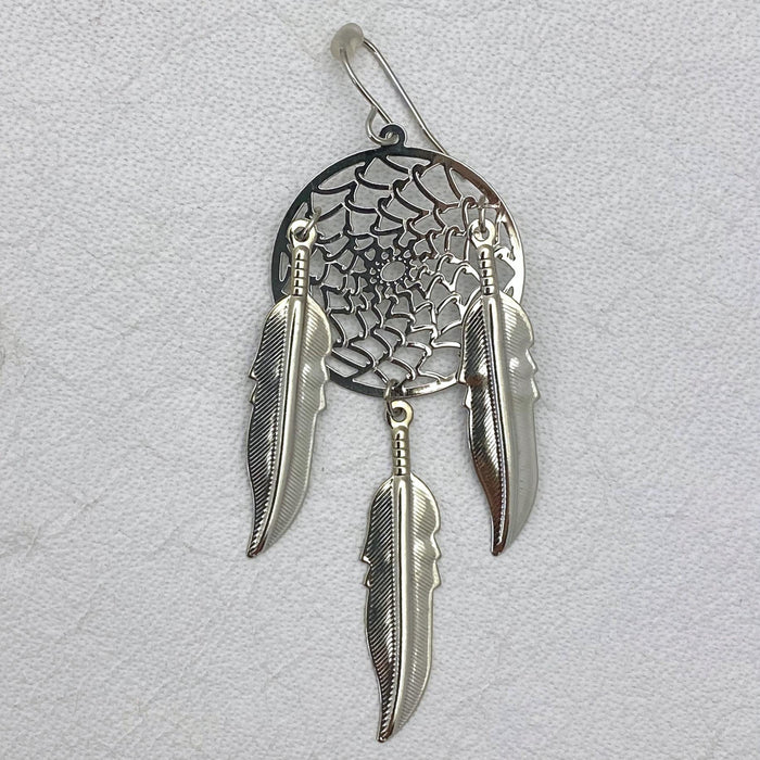 Medium Dream Catcher Feather Silver Dangle Earrings - Native Style Jewelry