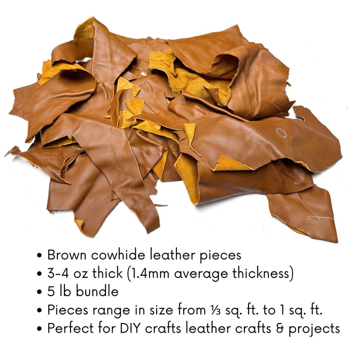 Saddle Brown Leather Pieces - 5 lb Bundle - 3 to 4 oz Cowhide Leather Scraps