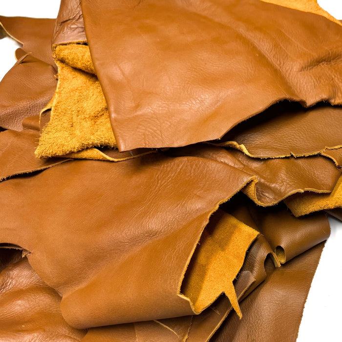 Saddle Brown Leather Pieces - 5 lb Bundle - 3 to 4 oz Cowhide Leather Scraps