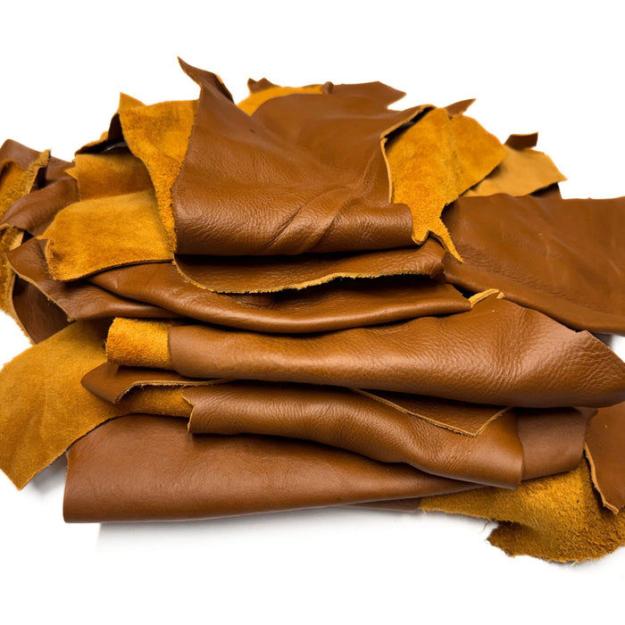 Saddle Brown Leather Pieces - 5 lb Bundle - 3 to 4 oz Cowhide Leather Scraps