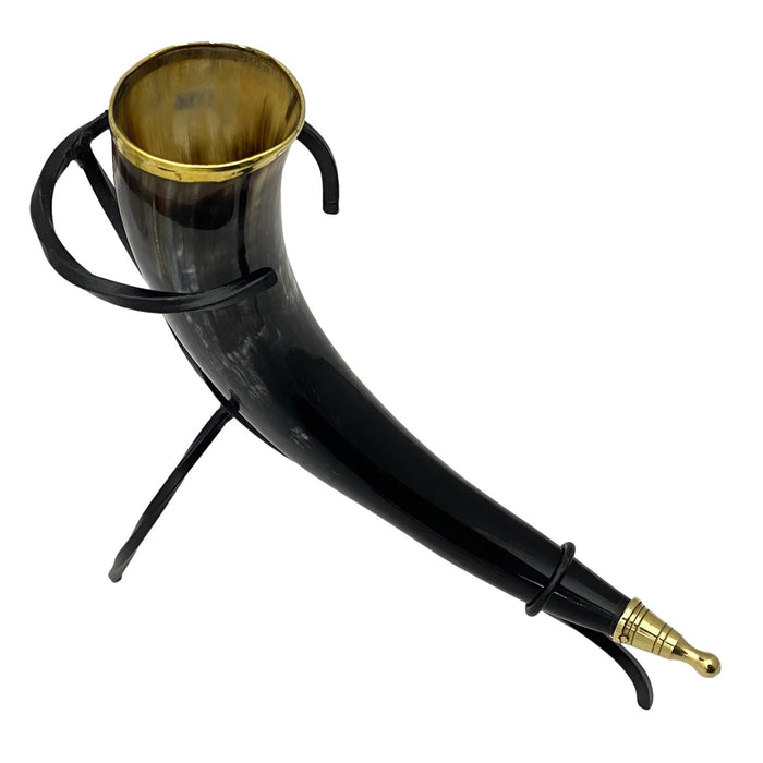 Authentic Buffalo Horn with Brass Accent and Iron Stand - 12" Viking Drinking Horn