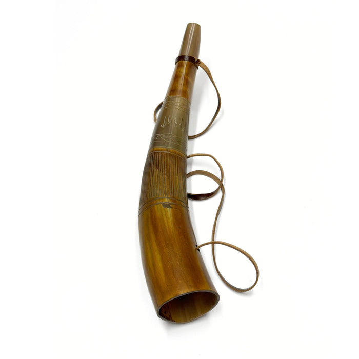 Etched Blowing War Horn - Sounding Buffalo Horn with Leather Strap - Historical Trumpet