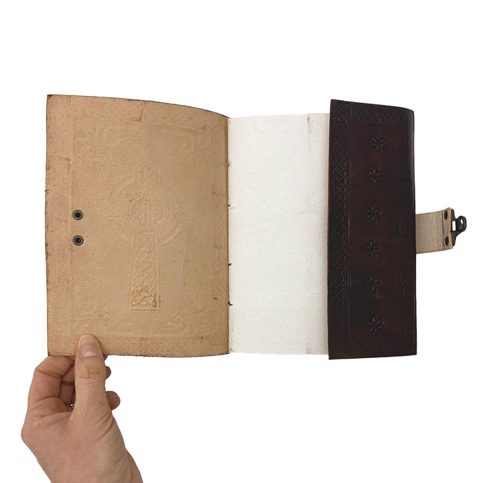 Celtic Cross Leather Journal with Lock - Embossed Leather Writing or Drawing Blank Notebook