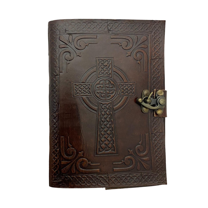 Celtic Cross Leather Journal with Lock - Embossed Leather Writing or Drawing Blank Notebook