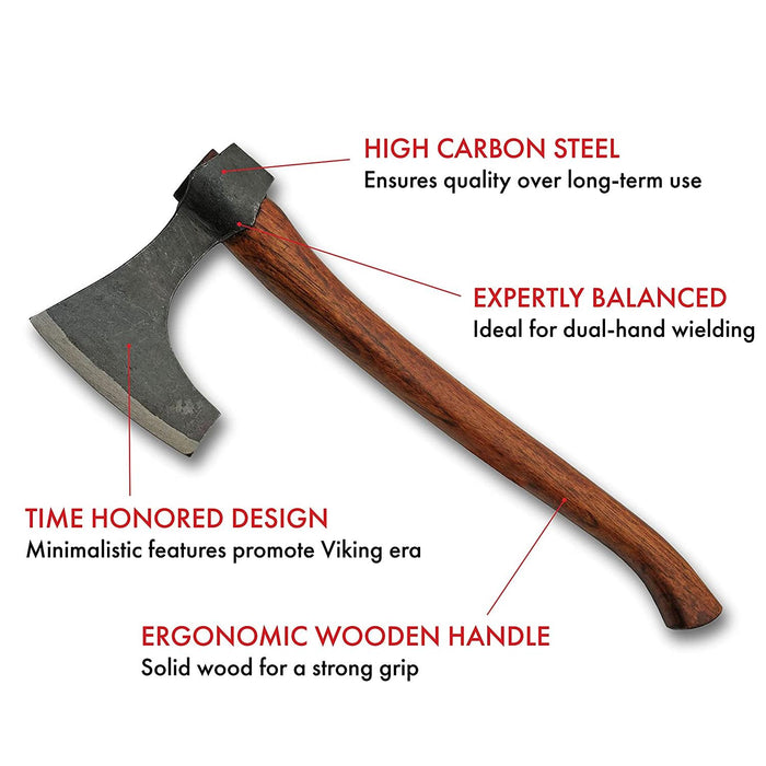 Hand Forged Carbon Steel Beard Head Axe - 17" Viking Style Axe with Wooden Handle