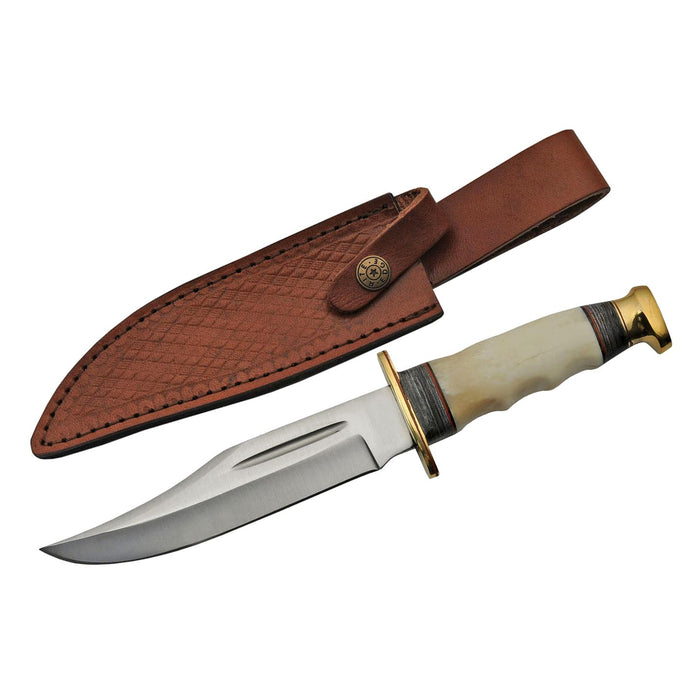 Bowie Hunter Knife with Bone Handle and Leather Sheath