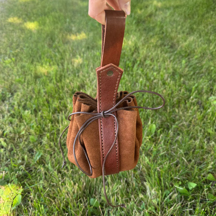 Brown Suede Drawstring Bag with Belt Loop