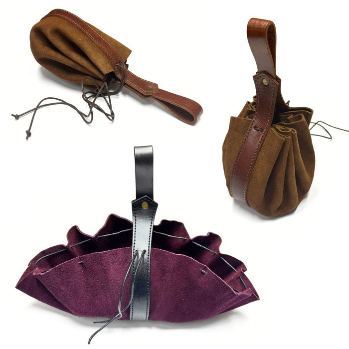 Suede Drawstring Pouch with Belt Loop - Brown or Purple Leather Expandable Bag