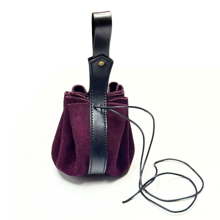 Suede Drawstring Pouch with Belt Loop - Brown or Purple Leather Expandable Bag