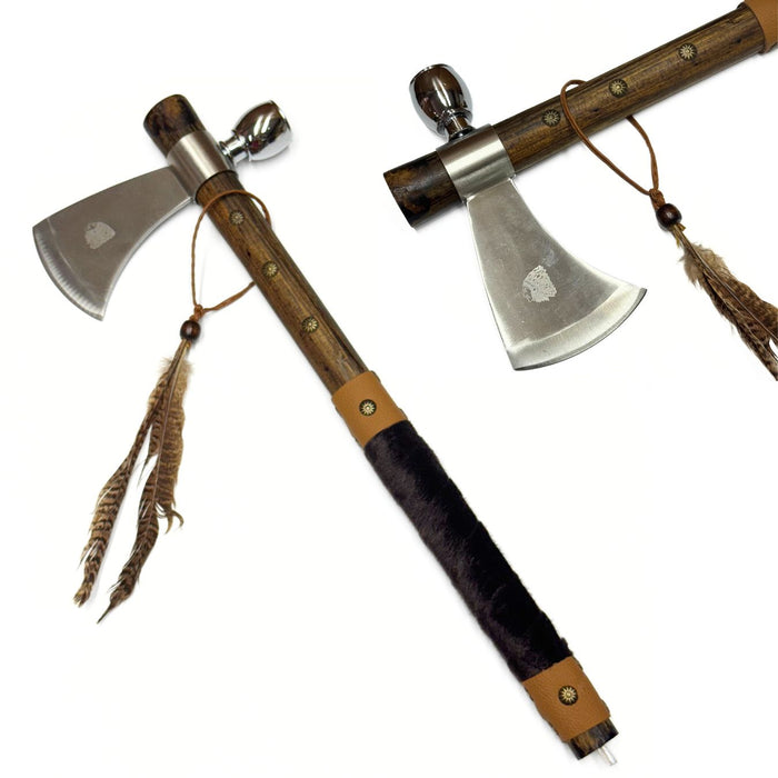 18.5" Tomahawk Peace Pipe with Feather Accent